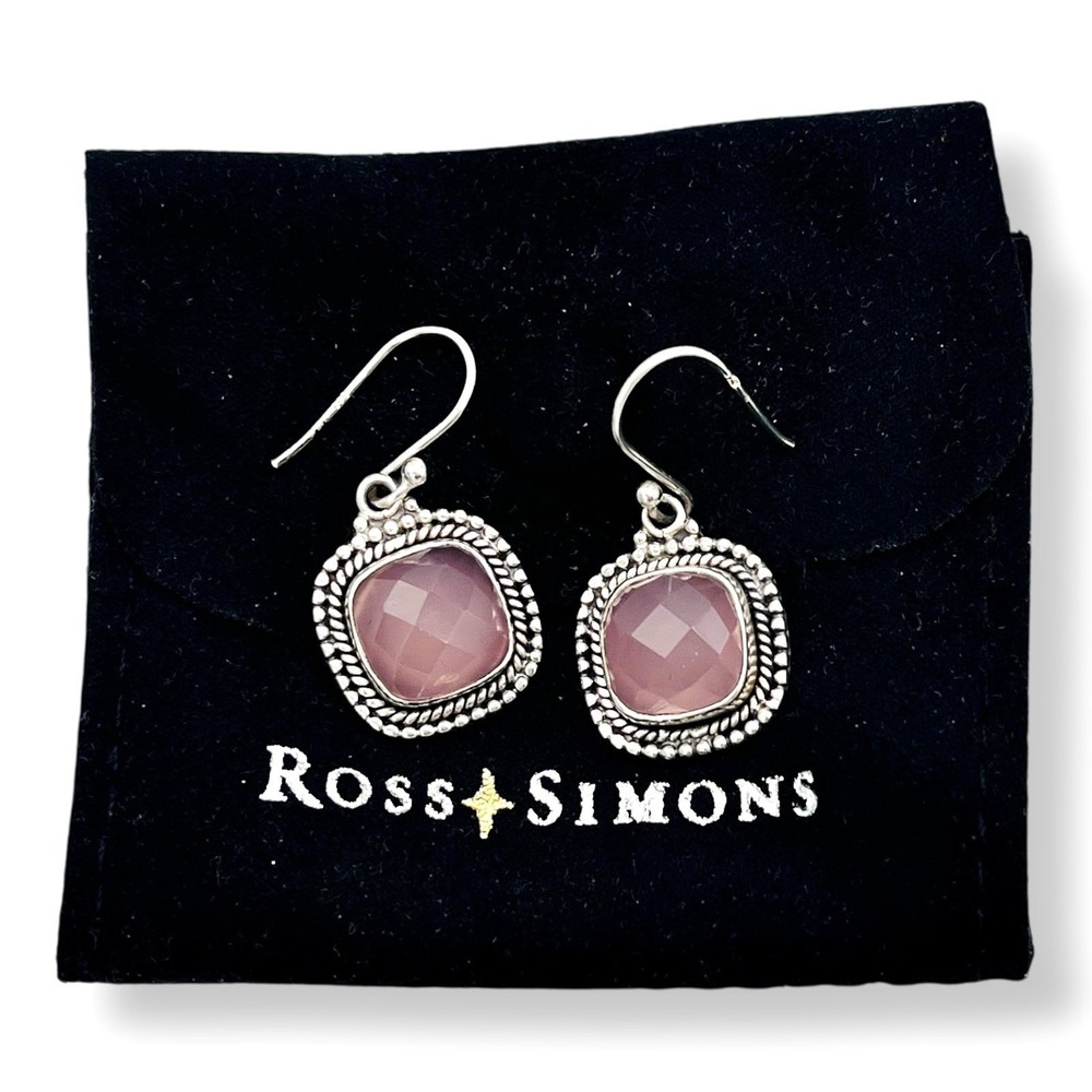 Ross Simons Rose Quartz Dangle Earring 925 Sterling Silver Square Rope Faceted
